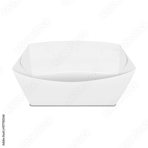 Blank white paper food tray. 3d mockup. Fast food snack, dessert paperboard serving boat package. Realistic vector mock-up. Disposable eco container packaging. Template for design