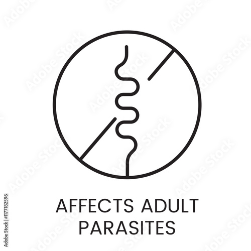 A vector linear icon of a circle with a stylized parasite divided by intersecting lines, representing the effect on adult parasites with an editable stroke