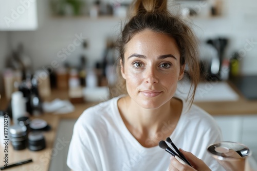 A woman sits gracefully while receiving makeup application, exemplifying a serene yet engaged mood in a cozy, beautifully arranged home environment filled with beauty products.