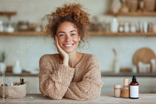 A joyful woman poses while showcasing various beauty products in a cozy setting, highlighting both her radiant smile and the elegance of her curated skincare collection. photo