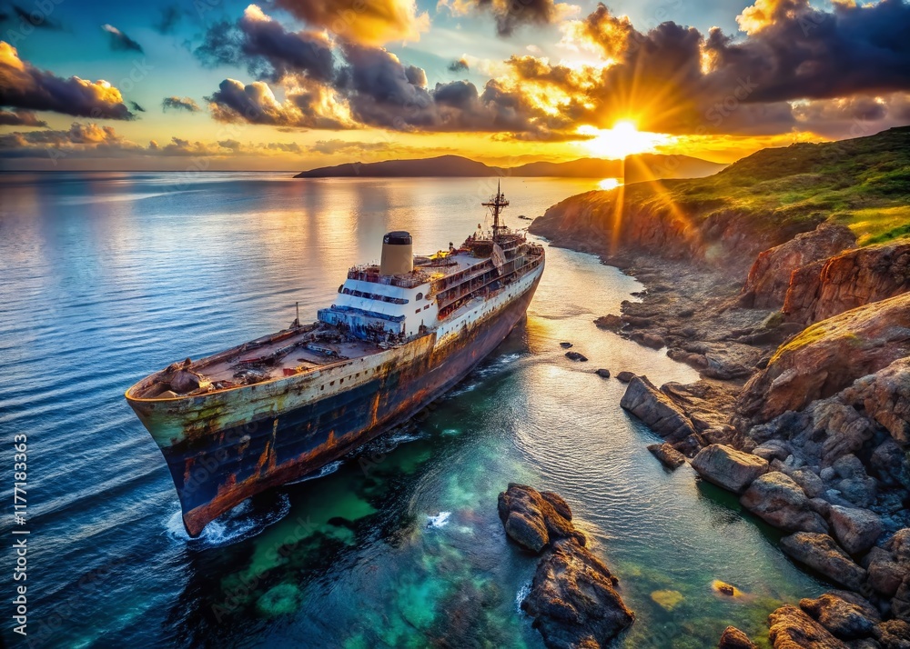 Fototapeta premium Aerial View of a Historic Shipwreck, Coastal Wreckage, Drone Photography