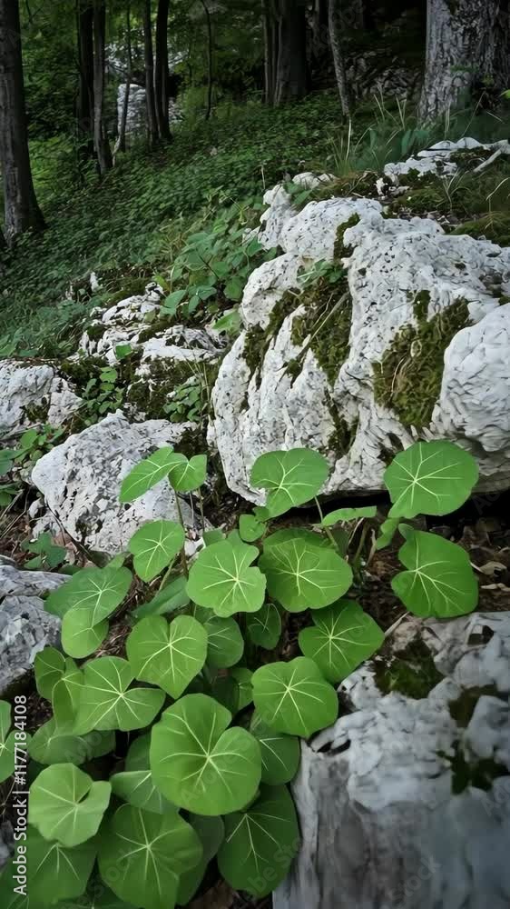 Lush green leaves growing over mossy rocks in a serene forest setting during springtime Lush green leaves growing over mossy rocks in a serene forest setting during springtime