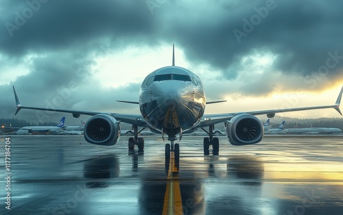 Majestic Boeing 737-800 awaits takeoff, gleaming under a dramatic, cloudy sunset. A breathtaking pre-flight scene. photo