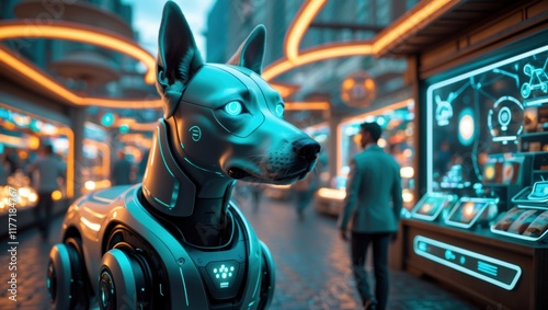 a close up robot dog futuristic aet Digital artwork of dog with glowing blue eyes, surrounded by vibrant neon patterns and abstract lines, creating futuristic and energetic atmosphere Generative AI photo