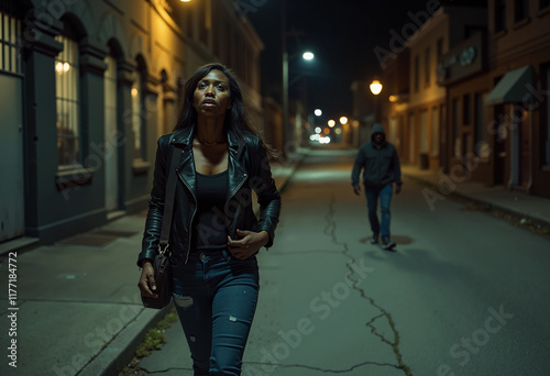 African American woman walking down city street at night followed by a man