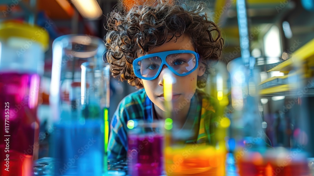 Obraz premium A young boy with wild hair and goggles, immersed in playing with vibrant liquids in a lab, captured in 32k uhd with mesmerizing colorscapes. 
