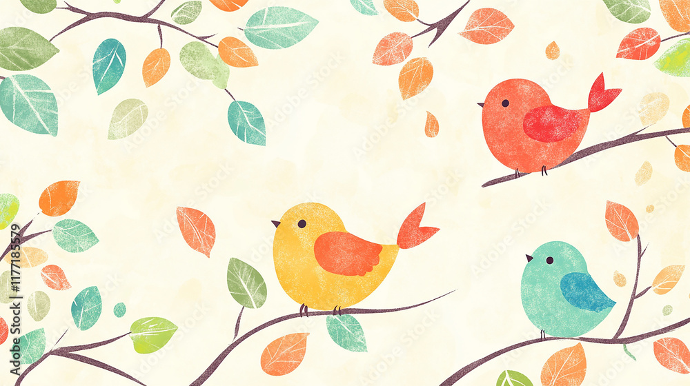 枝の上にとまるカラフルな鳥のイラスト 枝の上にとまるカラフルな鳥のイラスト