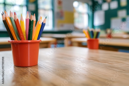 A tightly focused image showing colorful pencils in a container, with a blurred classroom backdrop, emphasizing the essence of creativity and artistic expression. photo