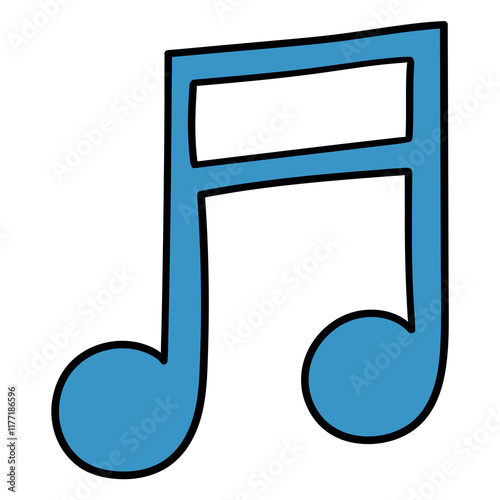 Hand drawn cartoon blue musical note icon on white background.