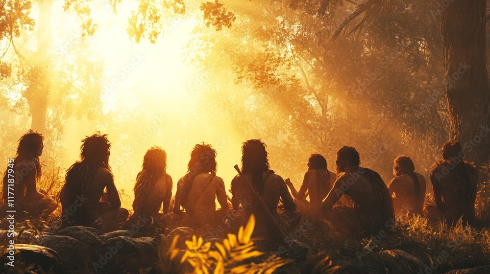 Fototapeta premium Early humans in a prehistoric scene, showcasing tools and survival, perfect for educational and historical content.