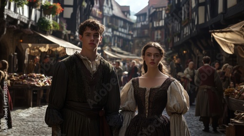 Characters engage in a vibrant market scene from a historical period, showcasing their attire and surroundings on a sunny day