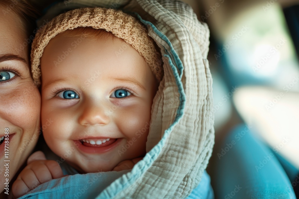 A heartwarming capture of a smiling baby nestled close to a joyful mother, showcasing the bond and love they share in a warm and inviting atmosphere. A heartwarming capture of a smiling baby nestled close to a joyful mother, showcasing the bond and love they share in a warm and inviting atmosphere.
