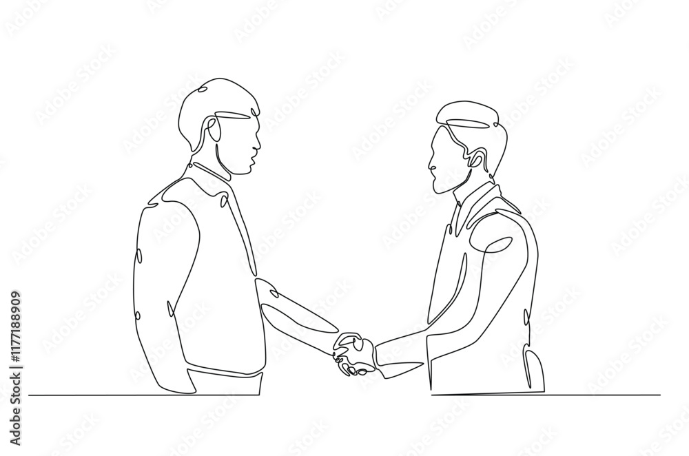 Businessmen handshaking with the client in continuous one line drawing. Simple line art illustration of Business deal concept. Editable vector.
