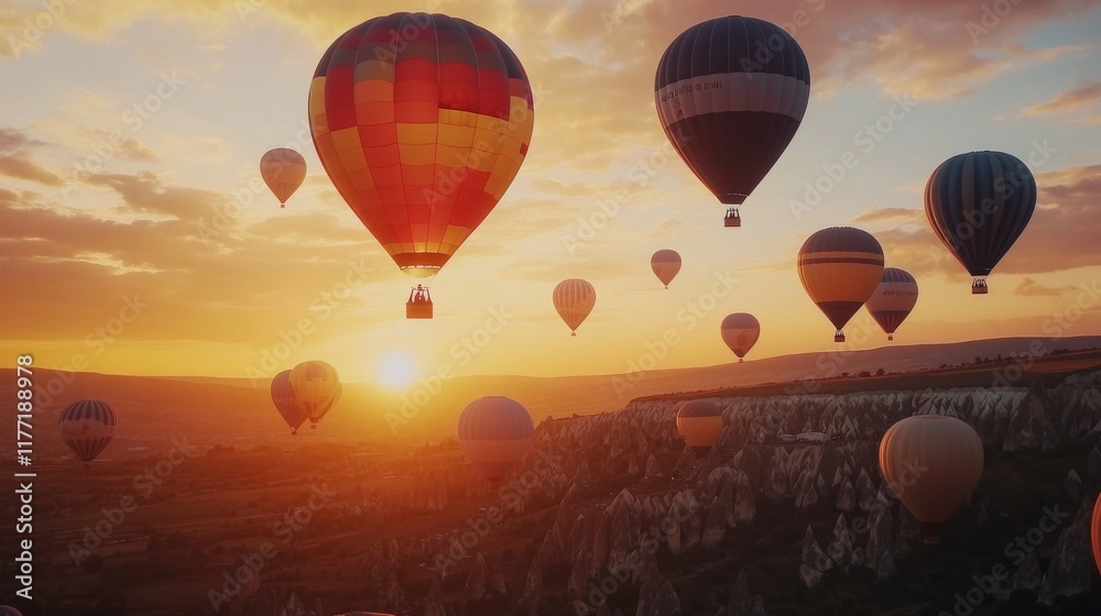 Obraz premium A stunning view of colorful hot air balloons soaring gracefully at sunrise. Experience the beauty of freedom and adventure in this breathtaking scene. Generative AI