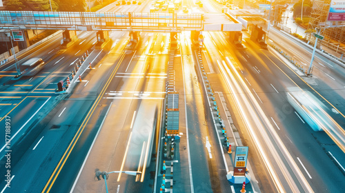 Sunrise Urban Cityscape with Toll Booths and Blurred Vehicles, Highlighting Vibrant Urban Life and Transportation