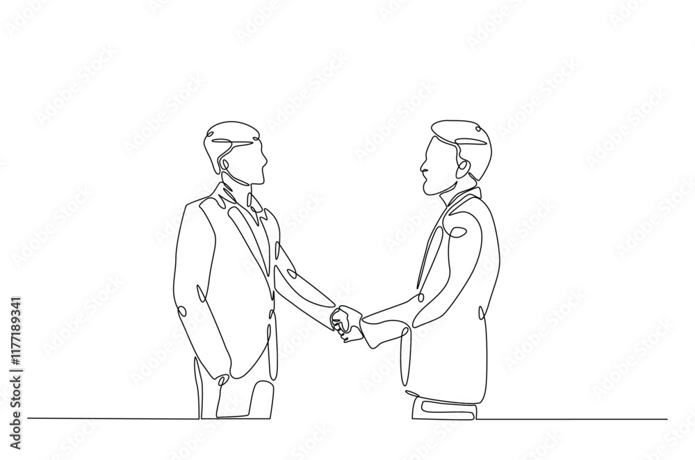Businessmen handshaking with the client in continuous one line drawing. Simple line art illustration of Business deal concept. Editable vector. Businessmen handshaking with the client in continuous one line drawing. Simple line art illustration of Business deal concept. Editable vector.