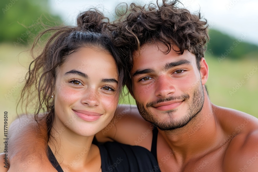 A young couple shares smiles in a beautiful landscape, showcasing their joy and connection amidst nature, capturing a lighthearted and loving moment together. A young couple shares smiles in a beautiful landscape, showcasing their joy and connection amidst nature, capturing a lighthearted and loving moment together.