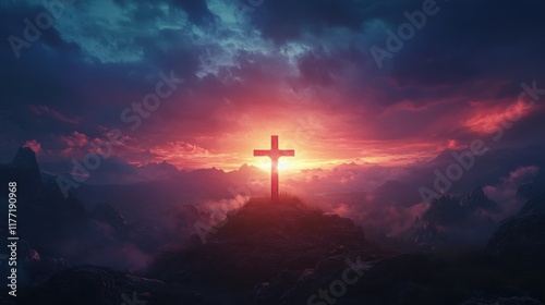 jesus christ cross easter resurrection concept christian cross on a background with dramatic lighting colorful mountain sunset dark clouds and sky and