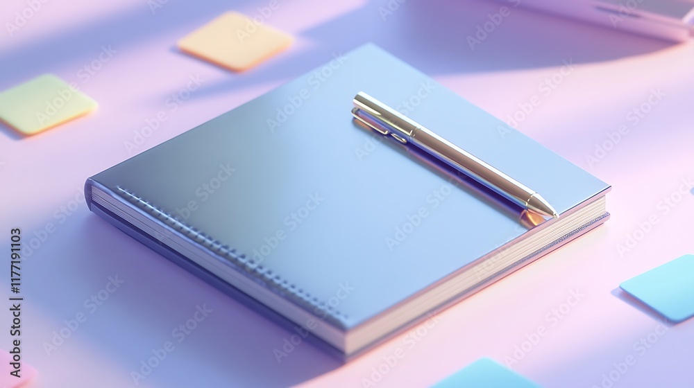 A minimalist desk featuring a sleek notebook metallic pen and pastel sticky notes A minimalist desk featuring a sleek notebook metallic pen and pastel sticky notes