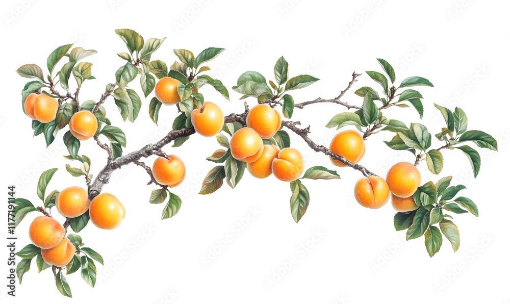 Branch of ripe apricots with green leaves, isolated on white background.