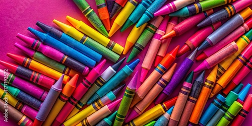 Aerial View of Colorful Crayons on Magenta Background with Copy Space for Text