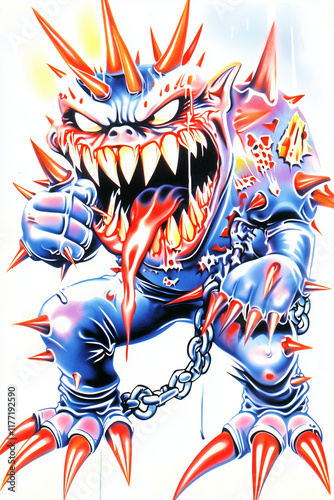 
A barbaric hobgoblin clad in spiked armor, brandishing a chain whip covered in barbs, roaring a blood-curdling battle cry in a desolate wasteland