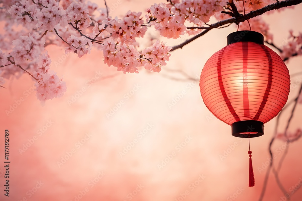 Obraz premium Chinese New Year theme with lantern and blossoms with matching background and copy space