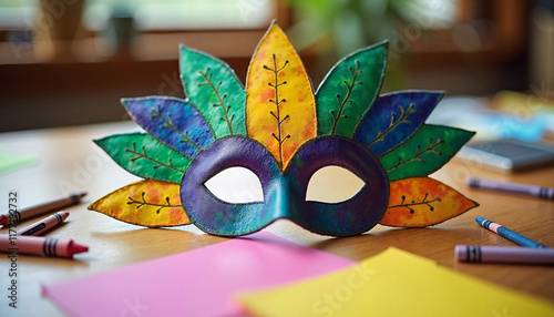 Handcrafted carnival mask with colorful leaf design on table, Mardi Gras theme, creative workspace photo