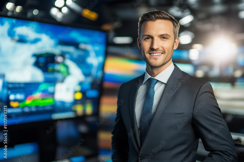 Weather presenter stands confidently in modern studio Weather presenter stands confidently in modern studio