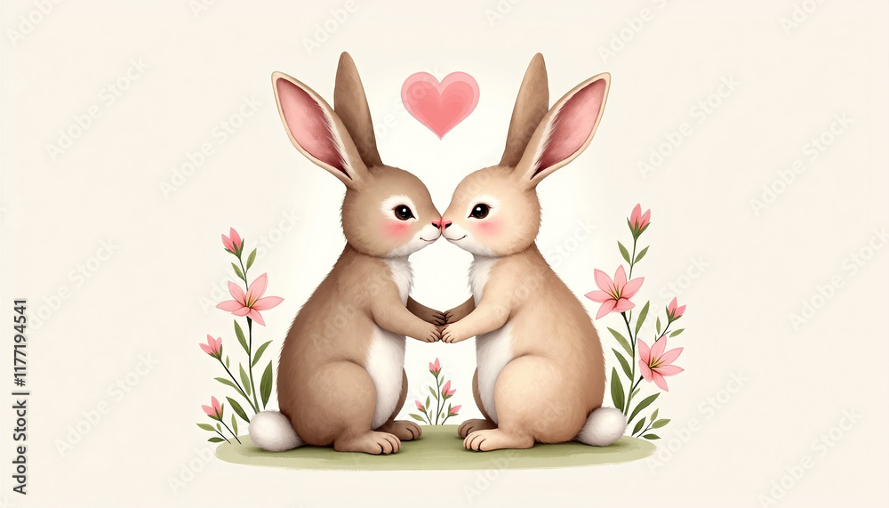 Fototapeta premium Two cute rabbits holding hands with flowers and heart