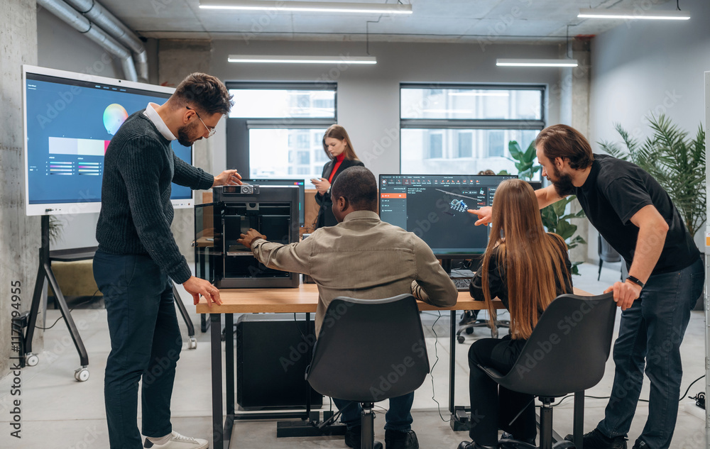 3d printer is on the table. Designer team are together in the office 3d printer is on the table. Designer team are together in the office