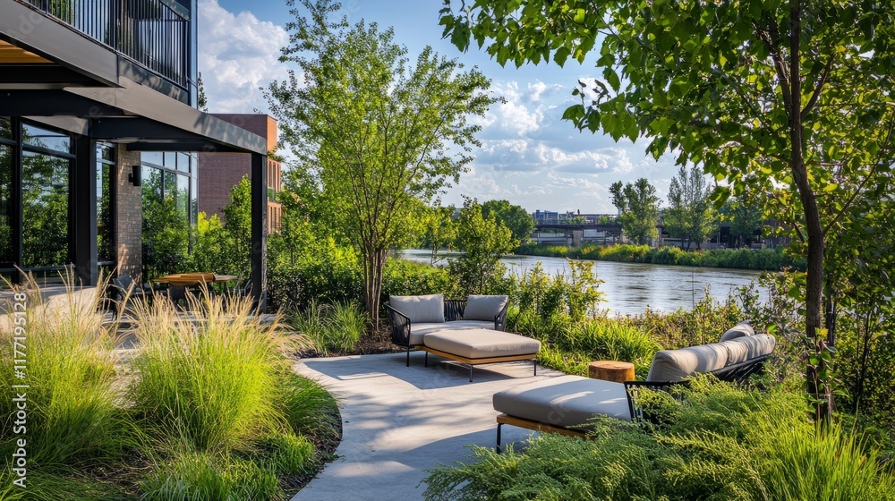 Relaxing riverfront patio with soft seating, surrounding greenery, and a calming space to unwind and enjoy nature. Relaxing riverfront patio with soft seating, surrounding greenery, and a calming space to unwind and enjoy nature.