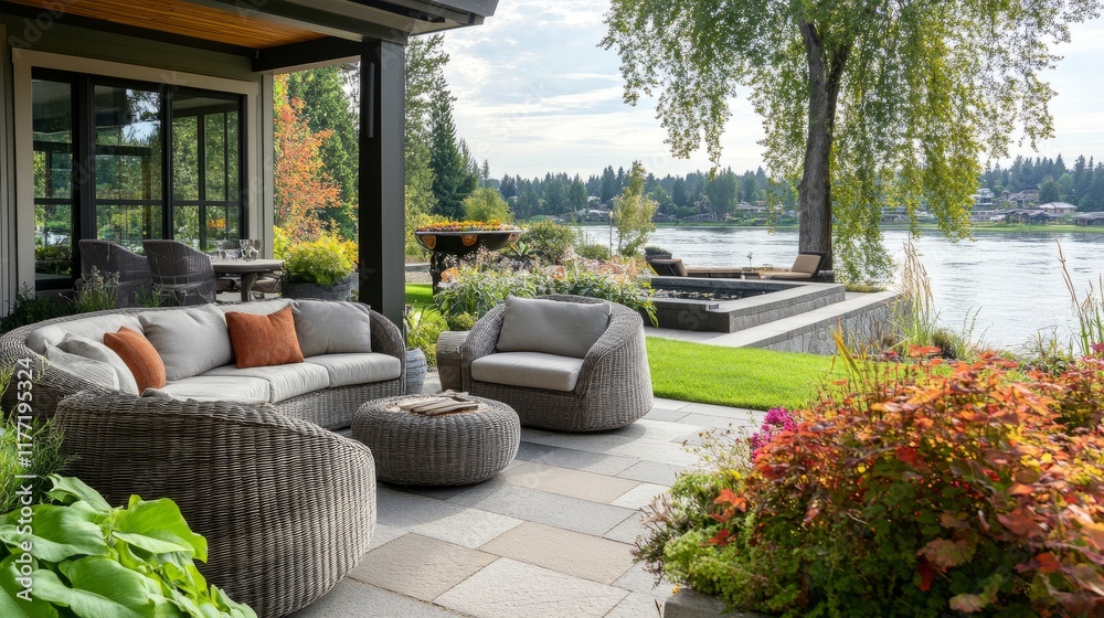 Fototapeta premium Relaxing riverfront patio with soft seating, vibrant plants, and a serene space to unwind and enjoy the natural surroundings.