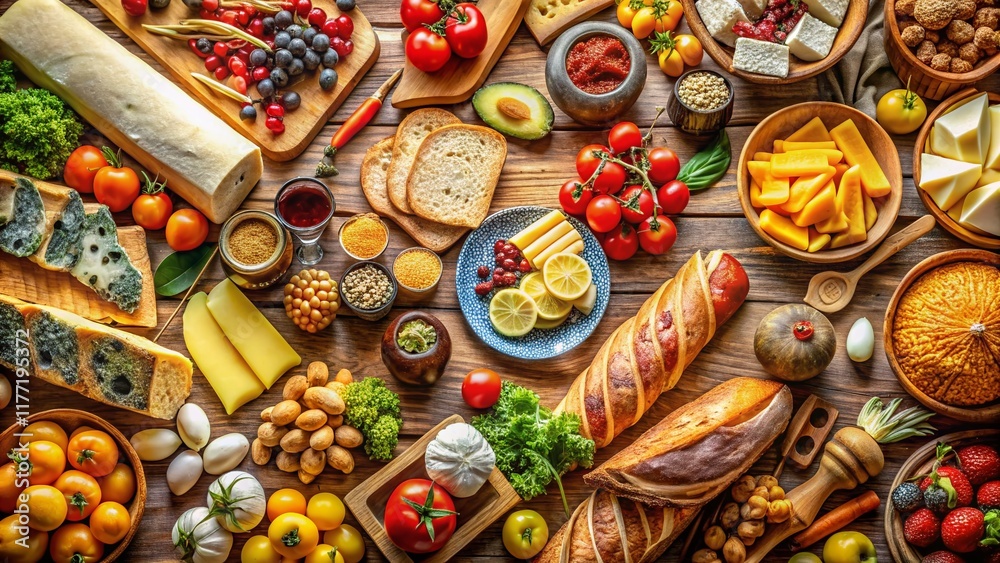 Fototapeta premium Aerial View of Delicatessen Shop, Gourmet Food Selection, Overhead Shot of Market Stalls