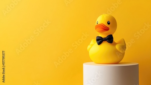 Yellow rubber duck with black bow tie on white pedestal against yellow background photo