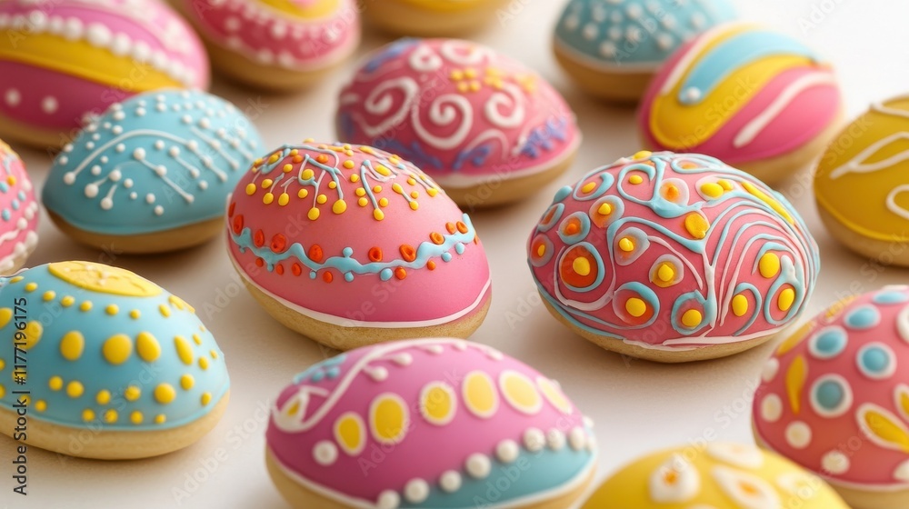 Vibrant easter egg cookies with intricate icing patterns for holiday celebration and decoration ideas