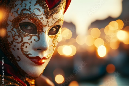 A vibrant and elegant Venice Carnival scene at dusk, featuring intricately dressed people in ornate masks and costumes, with a picturesque canal and gondolas illuminated by the warm glow of sunset photo