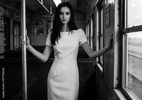 Sophisticated supermodel sitting gracefully in a luxurious train cabin, wearing a stylish outfit, with confident posture and poised demeanor, illuminated by warm interior lighting for a timeless look photo