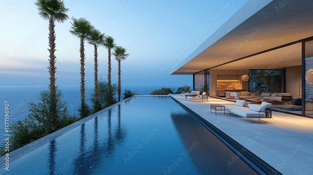 Fototapeta premium Modern villa with infinity pool overlooking ocean at sunset. Palm trees frame a twilight seascape