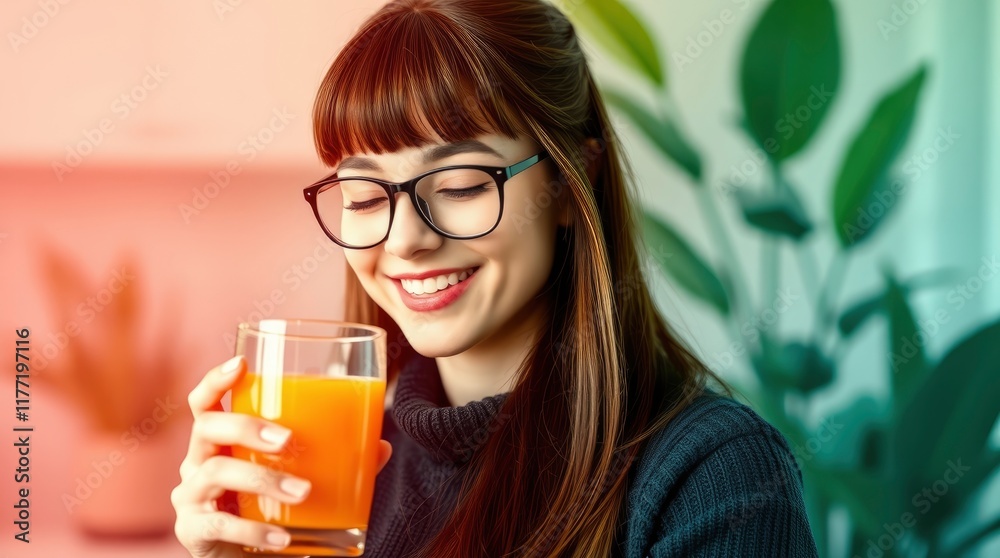 A smooth gradient transition image of a happy young woman with bangs and eyeglasses, fair skin, holding an orange juice glass, talking on her smartphone, eyes closed in a modern kitchen near blurred g A smooth gradient transition image of a happy young woman with bangs and eyeglasses, fair skin, holding an orange juice glass, talking on her smartphone, eyes closed in a modern kitchen near blurred g