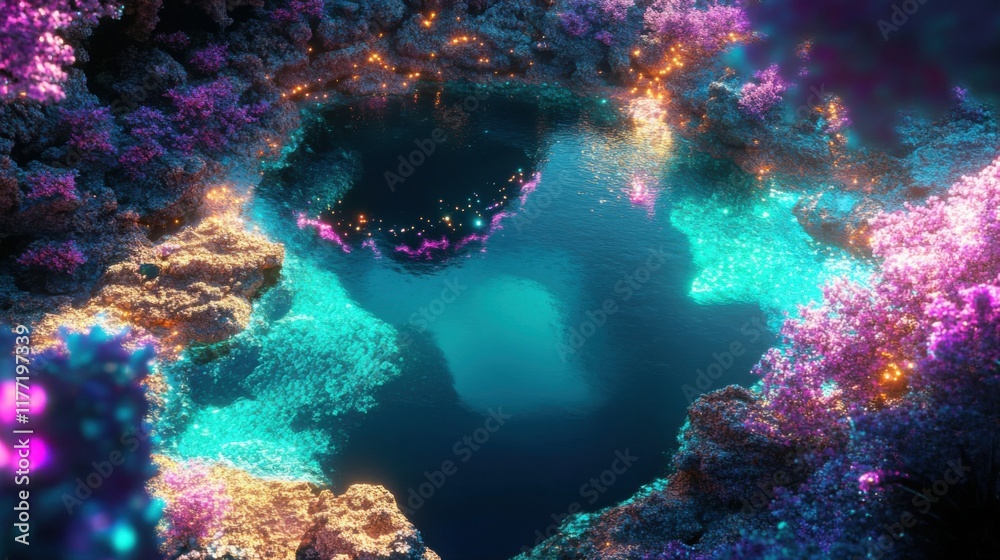 Fototapeta premium Enchanted Underwater Cave, Vibrant Coral Reefs
