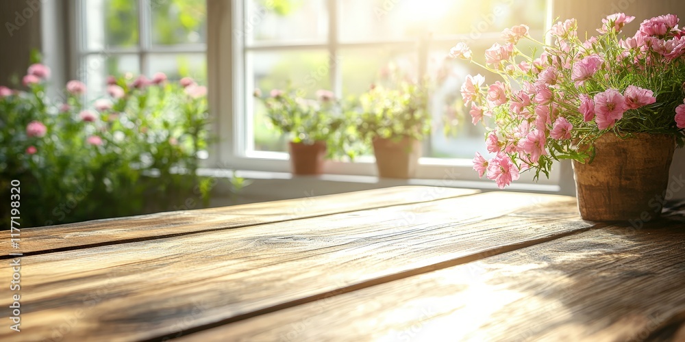 Fototapeta premium A rustic wooden table with flowers in a bright, inviting space, symbolizing coziness and natural aesthetics.