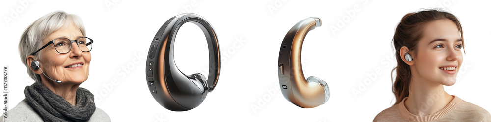 set of A person wearing a hearing aid, modern design of a hearing aid, an elderly woman wearing a hearing aid, a hearing aid of an elderly person, World Hearing Day, on a transparent backgrounds set of A person wearing a hearing aid, modern design of a hearing aid, an elderly woman wearing a hearing aid, a hearing aid of an elderly person, World Hearing Day, on a transparent backgrounds