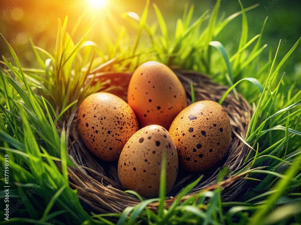 Aerial View of Four Eggs Nestled in Grass Aerial View of Four Eggs Nestled in Grass
