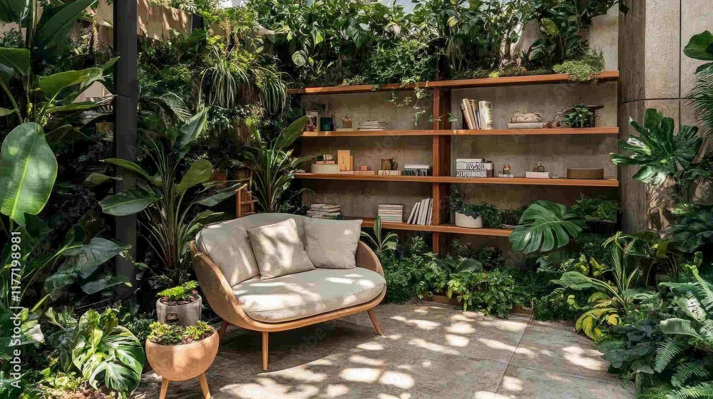 Serene garden nook with wooden shelves, a cozy reading chair, and lush greenery for nature-inspired relaxation. Serene garden nook with wooden shelves, a cozy reading chair, and lush greenery for nature-inspired relaxation.