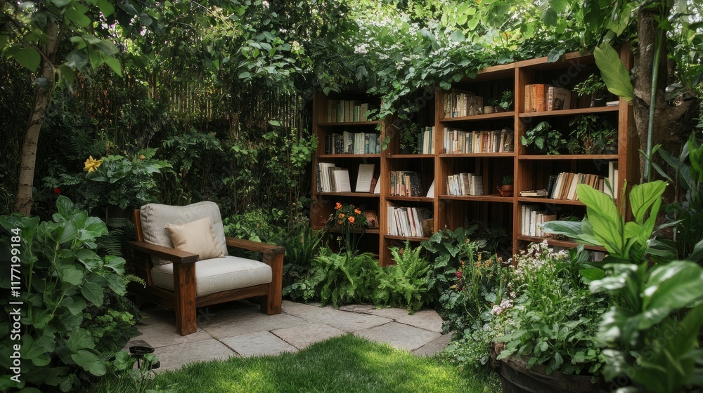 Serene garden reading area with wooden shelves, a comfy armchair, and surrounding greenery creating a peaceful retreat. Serene garden reading area with wooden shelves, a comfy armchair, and surrounding greenery creating a peaceful retreat.