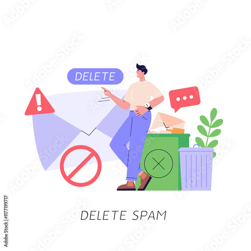 Spam message illustration. User receiving spam email and using anti-spam protection. Concept of spam software spreading, ad blocking, phishing attack, noise advertising. Vector flat cartoon design