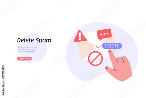 Spam message illustration. User receiving spam email and using anti-spam protection. Concept of spam software spreading, ad blocking, phishing attack, noise advertising. Vector flat cartoon design