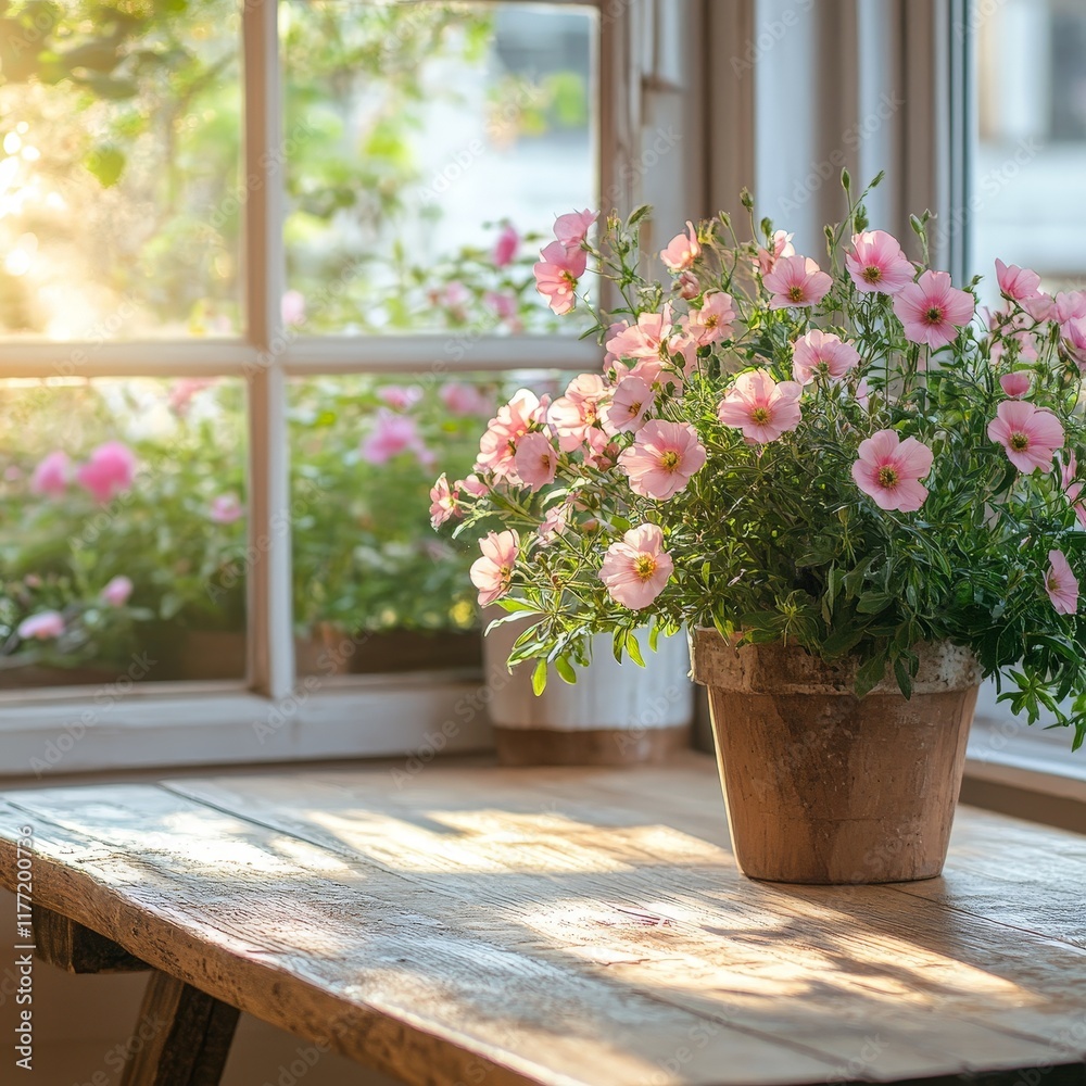 Fototapeta premium A rustic wooden table with flowers in a bright, inviting space, symbolizing coziness and natural aesthetics.