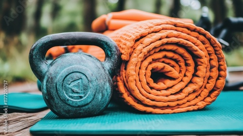 Fitness equipment outdoors. Kettlebell, yoga mat, and exercise gear on a wooden surface in nature. photo